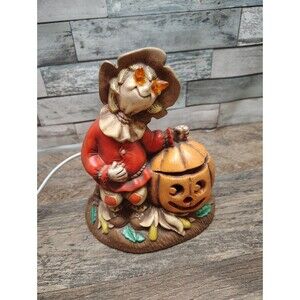 VTG Lighted Halloween Scarecrow & Jack O'Lantern Ceramic Figurine Dona's Mold 6"